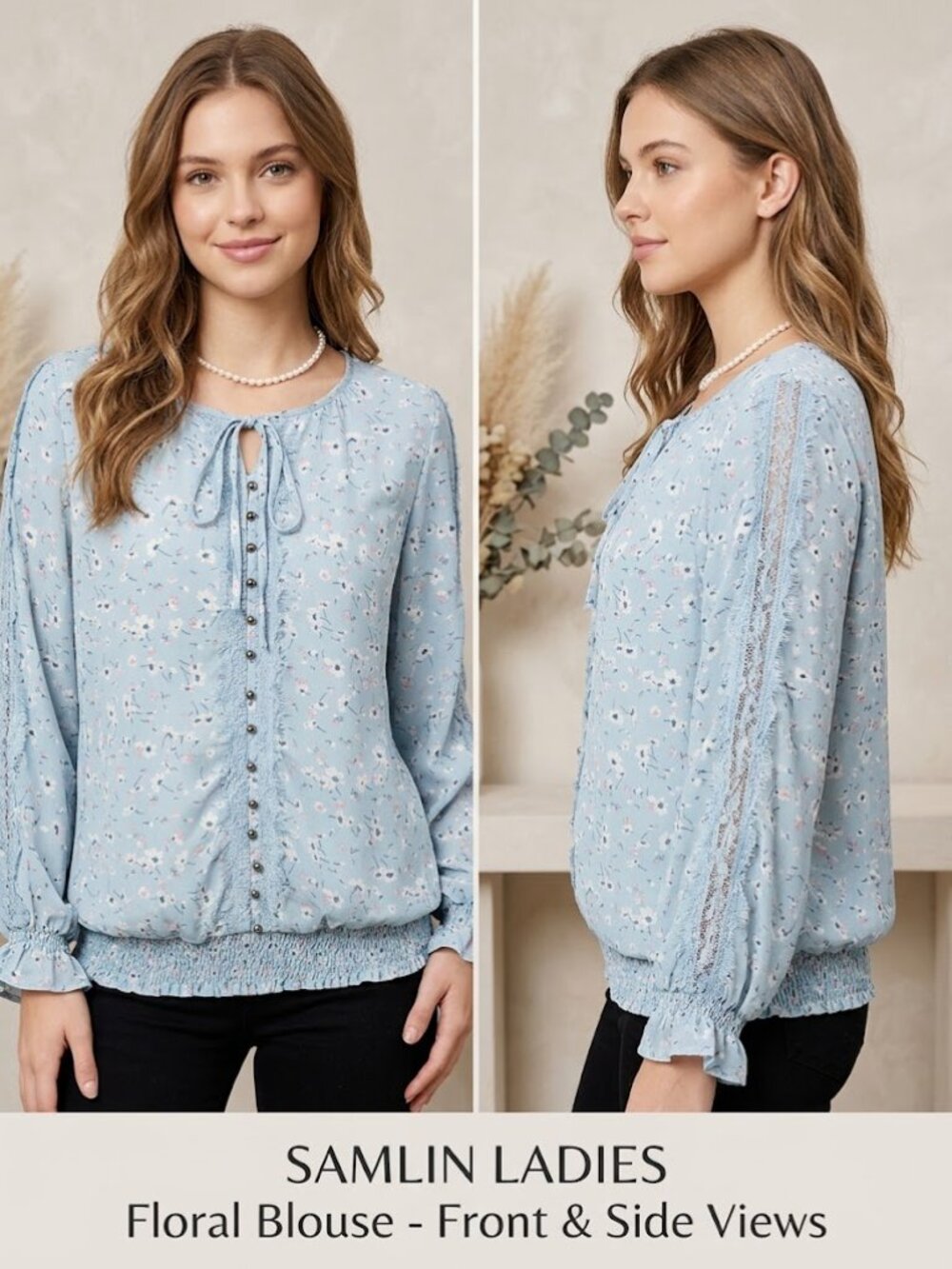 Samlin Light Blue Floral Long Sleeves Women's Blouse - Size Medium